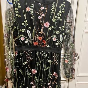 floral boho embroidered a-line dress with sheer sleeves